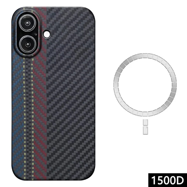 For iPhone 16 Plus Magnetic Case 1500D Texture Aramid Fiber Color Woven Pattern Phone Cover (Big Lens Hole)