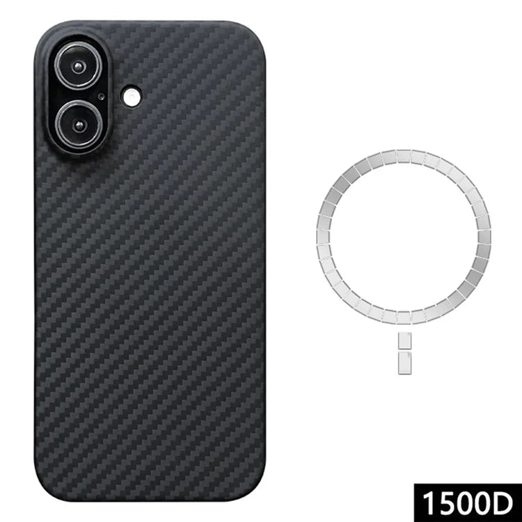 For iPhone 16 Plus Magnetic Case 1500D Coarse Texture Aramid Fiber Phone Cover (Big Lens Hole) - Black
