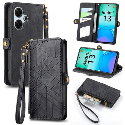 For Xiaomi Redmi 13 5G / 4G Case Zipper Wallet Geometry Lines Leather Phone Cover