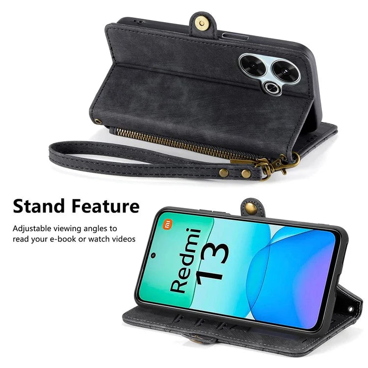 For Xiaomi Redmi 13 5G / 4G Case Zipper Wallet Geometry Lines Leather Phone Cover
