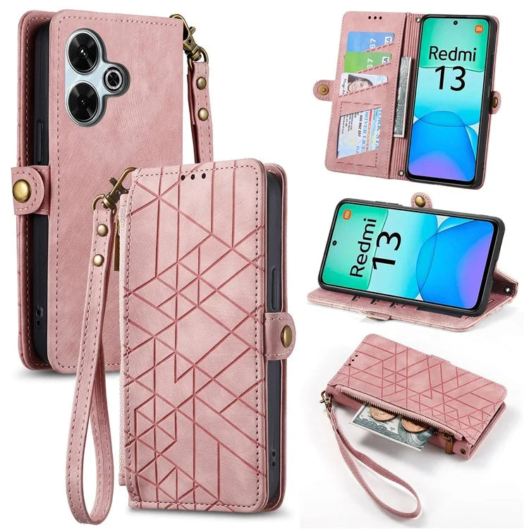 For Xiaomi Redmi 13 5G / 4G Case Zipper Wallet Geometry Lines Leather Phone Cover