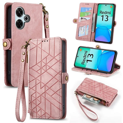 For Xiaomi Redmi 13 5G / 4G Case Zipper Wallet Geometry Lines Leather Phone Cover