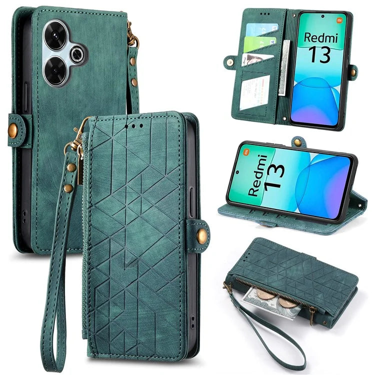 For Xiaomi Redmi 13 5G / 4G Case Zipper Wallet Geometry Lines Leather Phone Cover