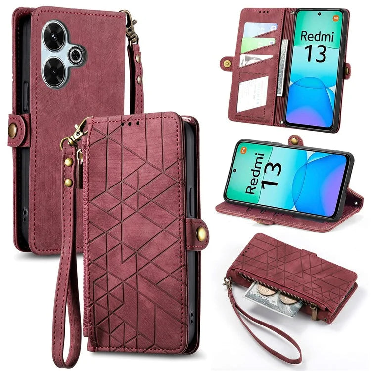 For Xiaomi Redmi 13 5G / 4G Case Zipper Wallet Geometry Lines Leather Phone Cover