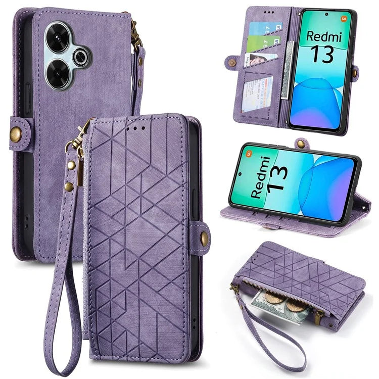 For Xiaomi Redmi 13 5G / 4G Case Zipper Wallet Geometry Lines Leather Phone Cover