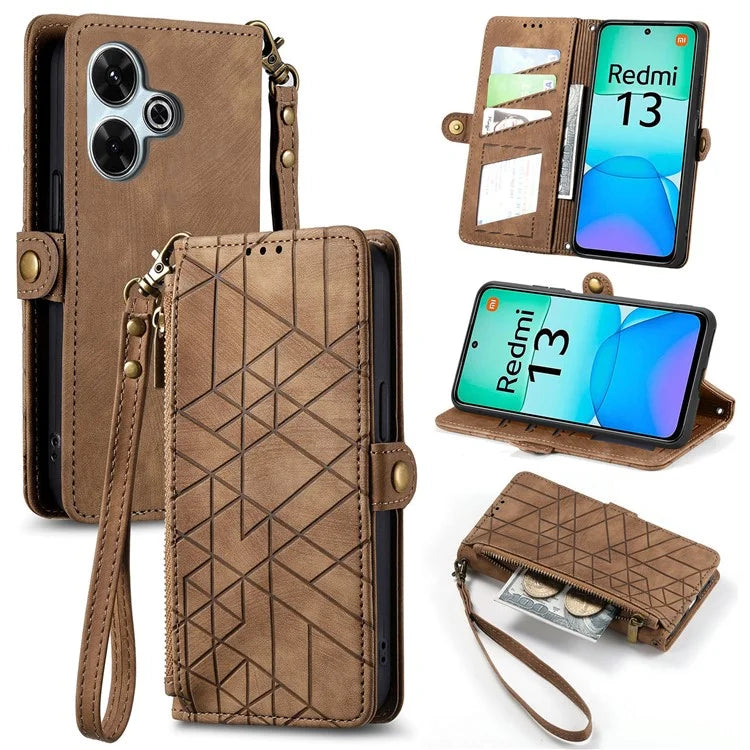 For Xiaomi Redmi 13 5G / 4G Case Zipper Wallet Geometry Lines Leather Phone Cover