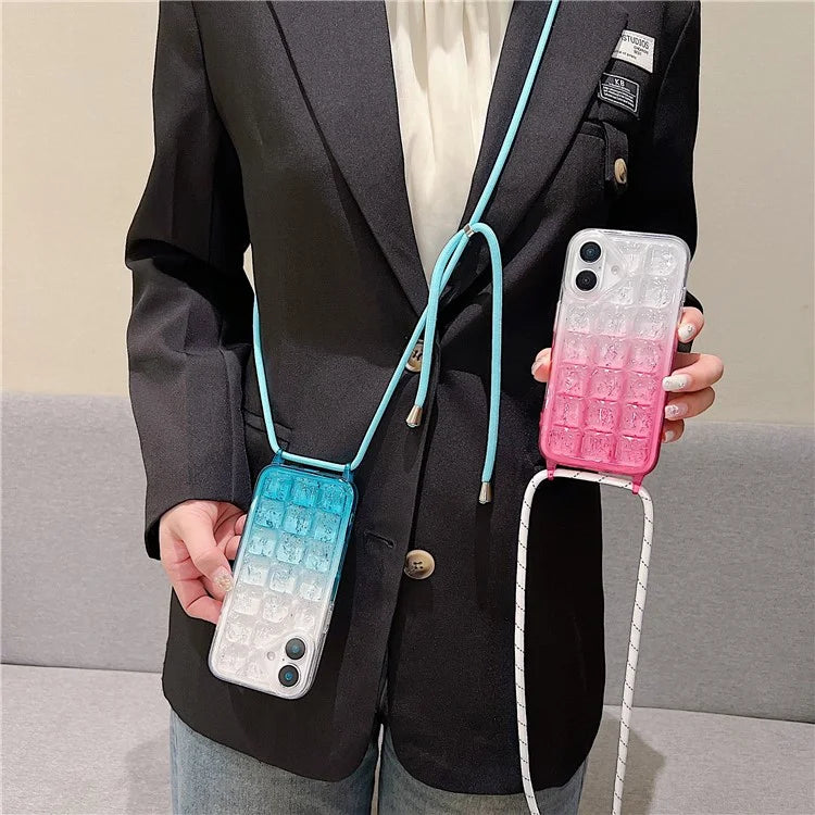 For iPhone 16 Case Gradient Epoxy TPU Soft Phone Cover with Long Lanyard
