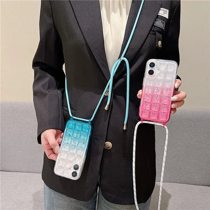 For iPhone 16 Case Gradient Epoxy TPU Soft Phone Cover with Long Lanyard