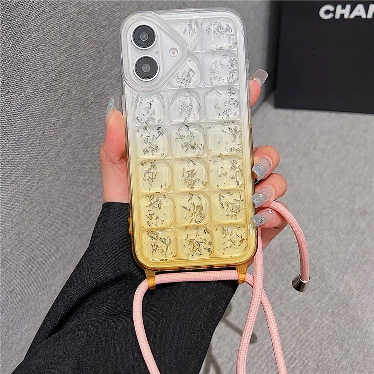 For iPhone 16 Case Gradient Epoxy TPU Soft Phone Cover with Long Lanyard