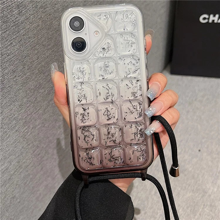 For iPhone 16 Case Gradient Epoxy TPU Soft Phone Cover with Long Lanyard