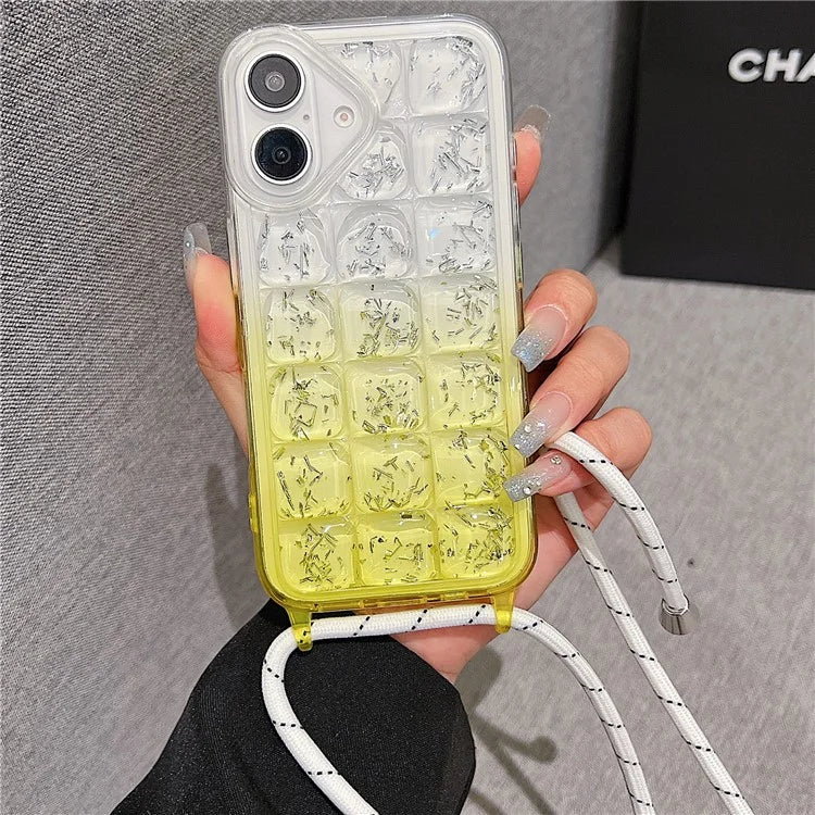 For iPhone 16 Case Gradient Epoxy TPU Soft Phone Cover with Long Lanyard