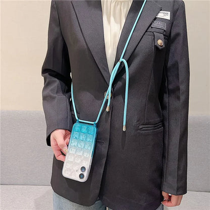 For iPhone 16 Case Gradient Epoxy TPU Soft Phone Cover with Long Lanyard