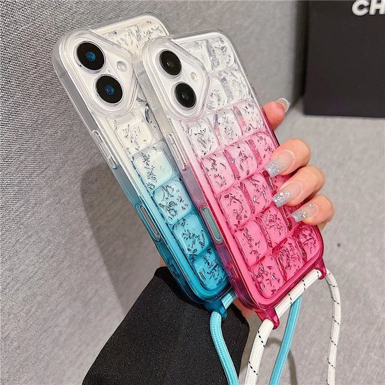 For iPhone 16 Case Gradient Epoxy TPU Soft Phone Cover with Long Lanyard