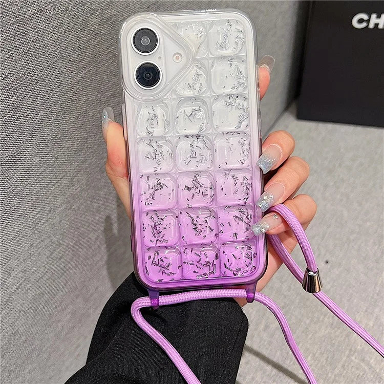 For iPhone 16 Case Gradient Epoxy TPU Soft Phone Cover with Long Lanyard