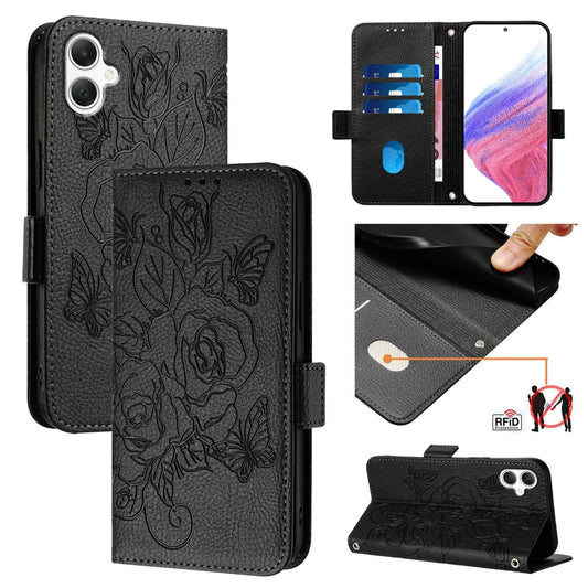For Samsung Galaxy A06 Case Rose Imprinted RFID Blocking Leather Phone Cover with Strap