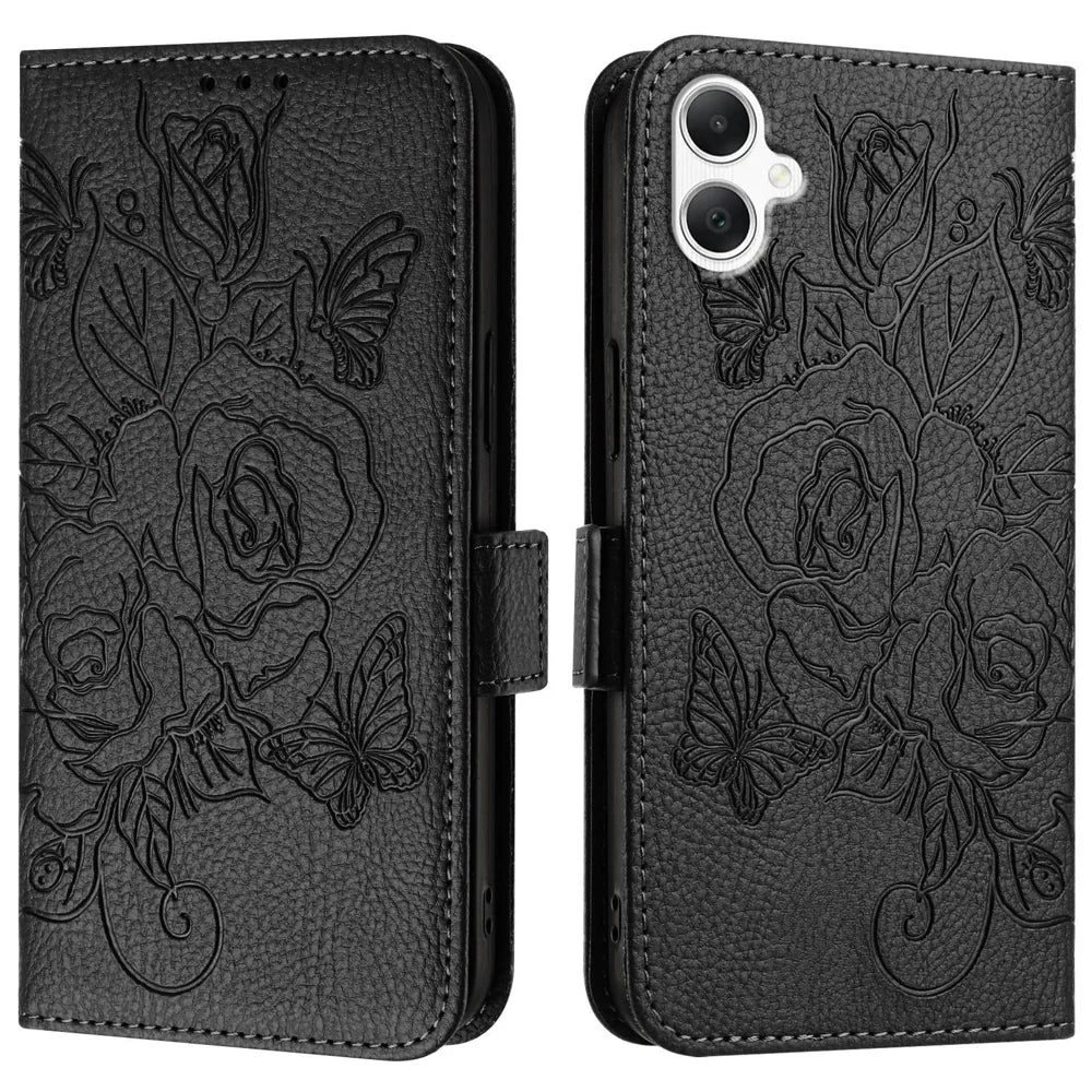 For Samsung Galaxy A06 Case Rose Imprinted RFID Blocking Leather Phone Cover with Strap