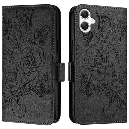 For Samsung Galaxy A06 Case Rose Imprinted RFID Blocking Leather Phone Cover with Strap
