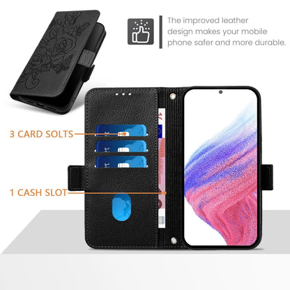 For Samsung Galaxy A06 Case Rose Imprinted RFID Blocking Leather Phone Cover with Strap