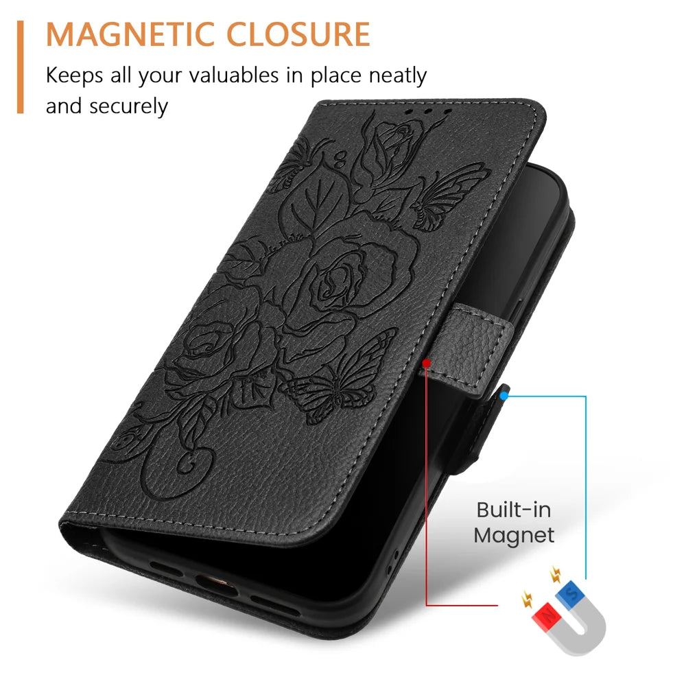For Samsung Galaxy A06 Case Rose Imprinted RFID Blocking Leather Phone Cover with Strap