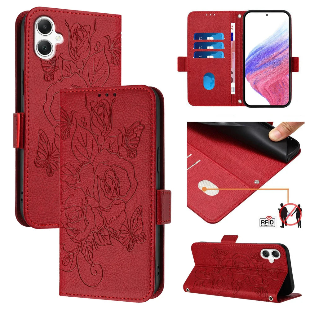 For Samsung Galaxy A06 Case Rose Imprinted RFID Blocking Leather Phone Cover with Strap
