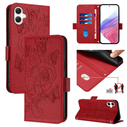 For Samsung Galaxy A06 Case Rose Imprinted RFID Blocking Leather Phone Cover with Strap