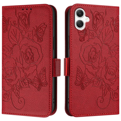 For Samsung Galaxy A06 Case Rose Imprinted RFID Blocking Leather Phone Cover with Strap