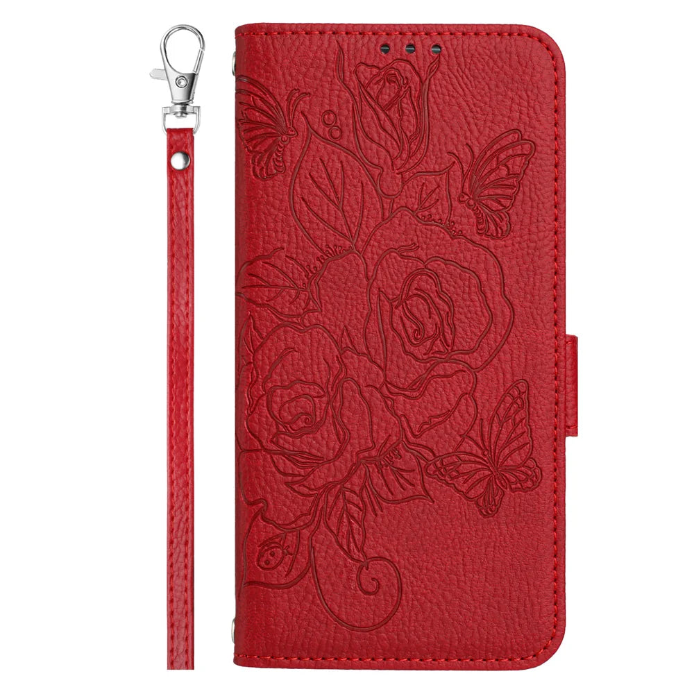 For Samsung Galaxy A06 Case Rose Imprinted RFID Blocking Leather Phone Cover with Strap