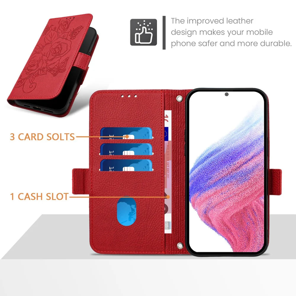 For Samsung Galaxy A06 Case Rose Imprinted RFID Blocking Leather Phone Cover with Strap