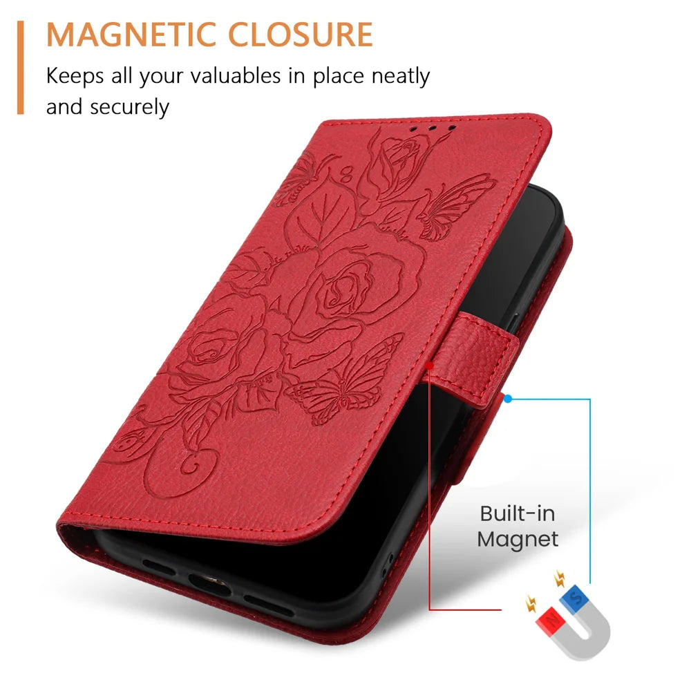 For Samsung Galaxy A06 Case Rose Imprinted RFID Blocking Leather Phone Cover with Strap