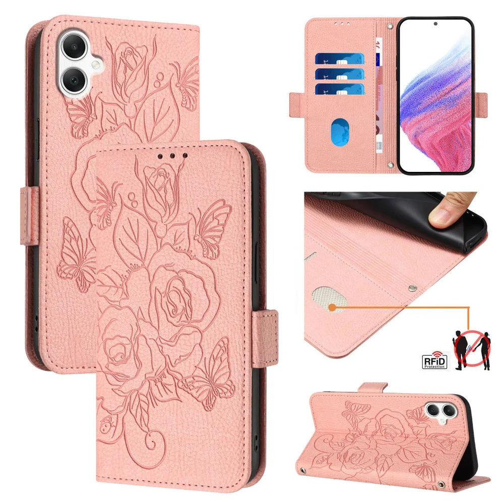 For Samsung Galaxy A06 Case Rose Imprinted RFID Blocking Leather Phone Cover with Strap