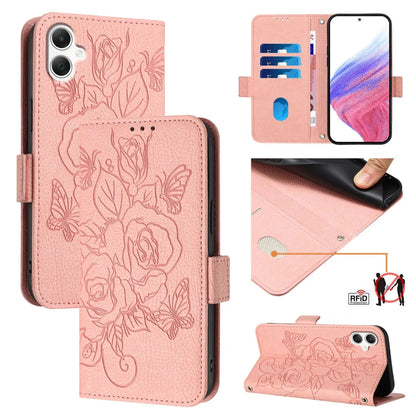 For Samsung Galaxy A06 Case Rose Imprinted RFID Blocking Leather Phone Cover with Strap
