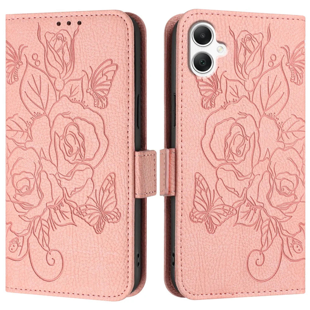 For Samsung Galaxy A06 Case Rose Imprinted RFID Blocking Leather Phone Cover with Strap