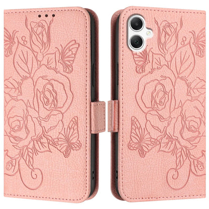 For Samsung Galaxy A06 Case Rose Imprinted RFID Blocking Leather Phone Cover with Strap