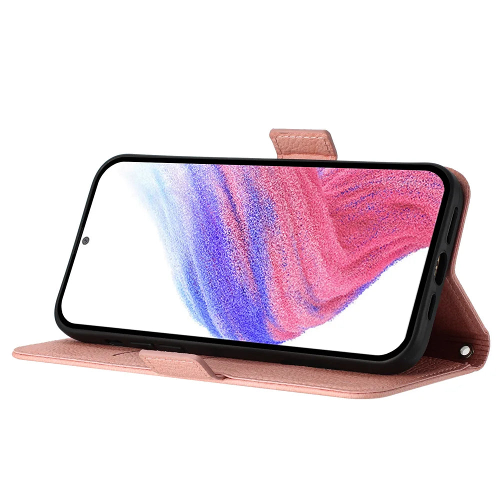 For Samsung Galaxy A06 Case Rose Imprinted RFID Blocking Leather Phone Cover with Strap