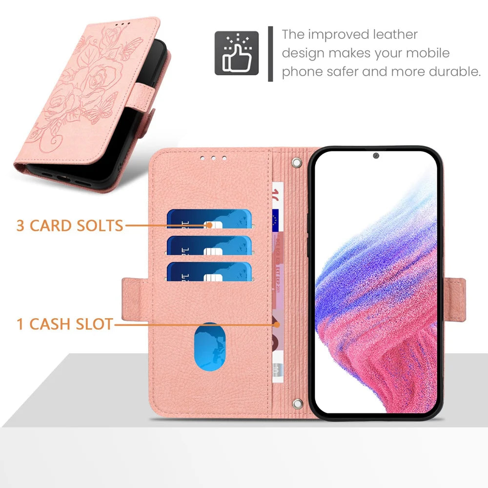 For Samsung Galaxy A06 Case Rose Imprinted RFID Blocking Leather Phone Cover with Strap