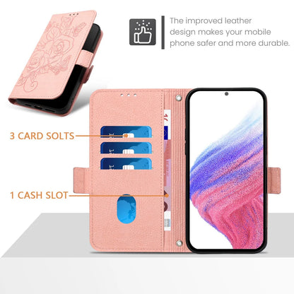For Samsung Galaxy A06 Case Rose Imprinted RFID Blocking Leather Phone Cover with Strap
