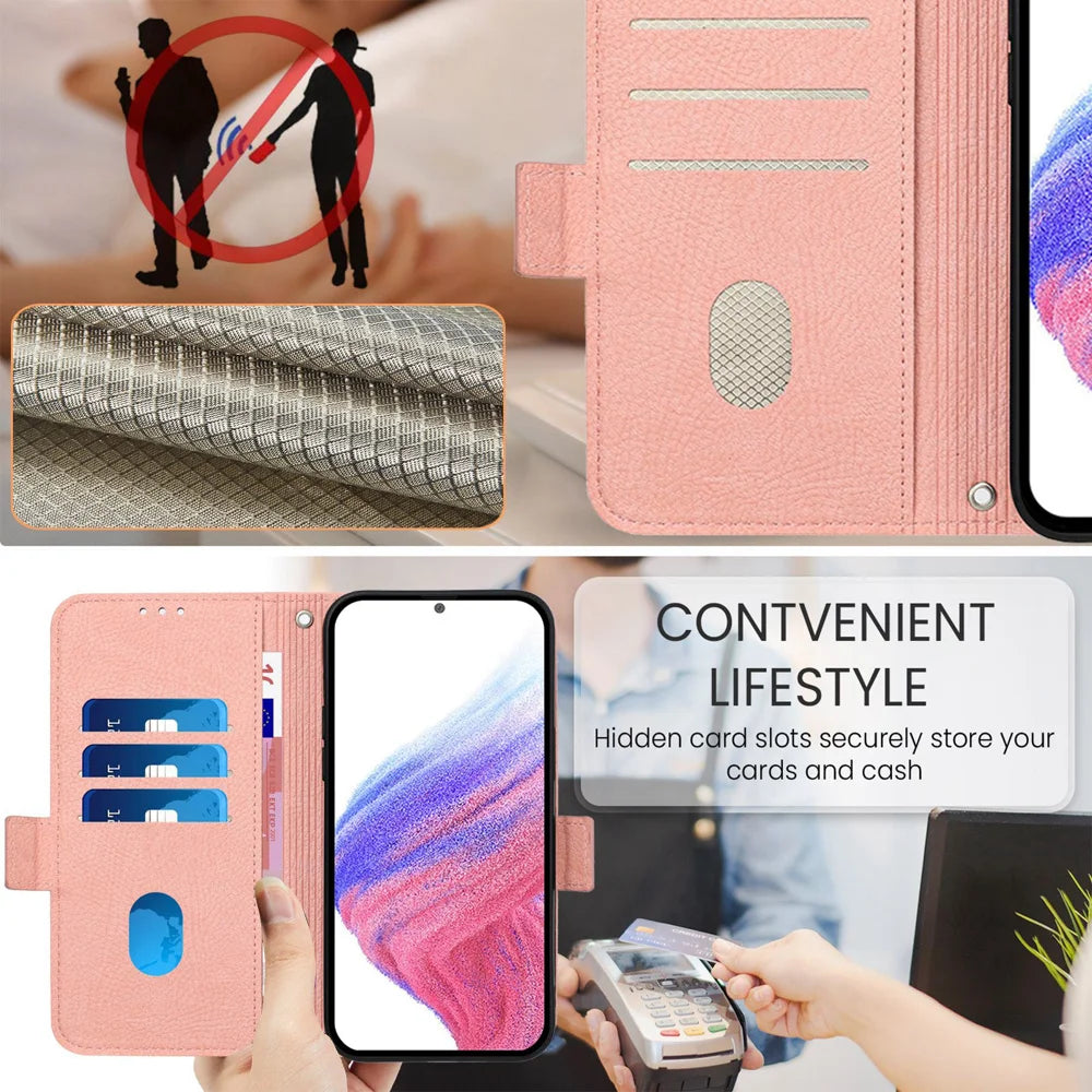 For Samsung Galaxy A06 Case Rose Imprinted RFID Blocking Leather Phone Cover with Strap