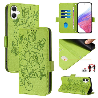 For Samsung Galaxy A06 Case Rose Imprinted RFID Blocking Leather Phone Cover with Strap