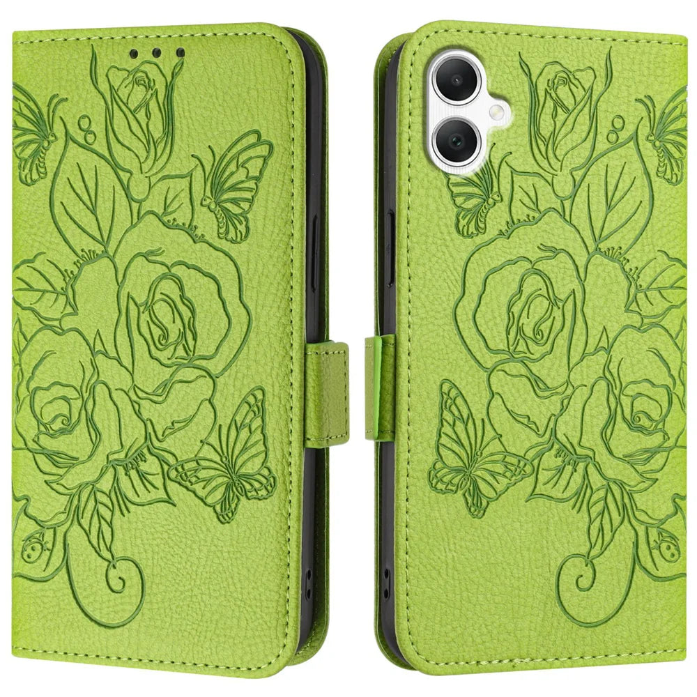 For Samsung Galaxy A06 Case Rose Imprinted RFID Blocking Leather Phone Cover with Strap