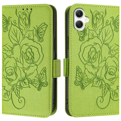 For Samsung Galaxy A06 Case Rose Imprinted RFID Blocking Leather Phone Cover with Strap