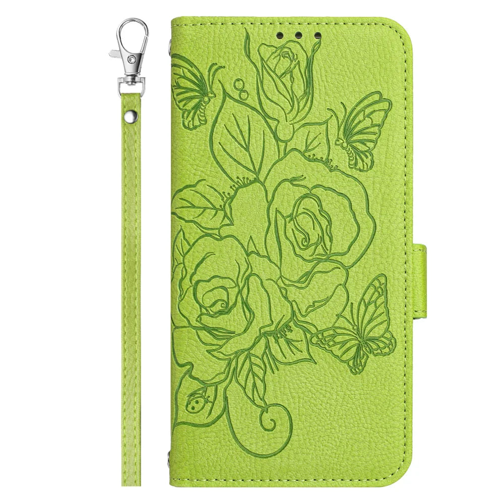 For Samsung Galaxy A06 Case Rose Imprinted RFID Blocking Leather Phone Cover with Strap