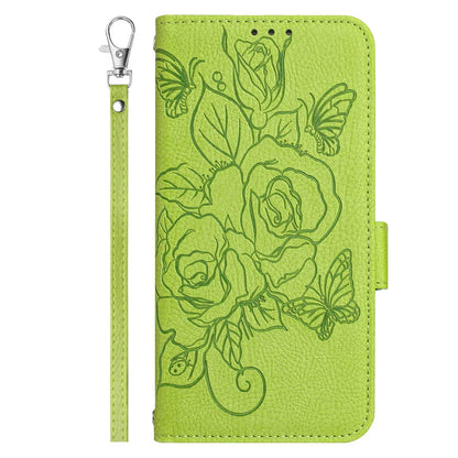 For Samsung Galaxy A06 Case Rose Imprinted RFID Blocking Leather Phone Cover with Strap