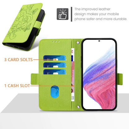 For Samsung Galaxy A06 Case Rose Imprinted RFID Blocking Leather Phone Cover with Strap