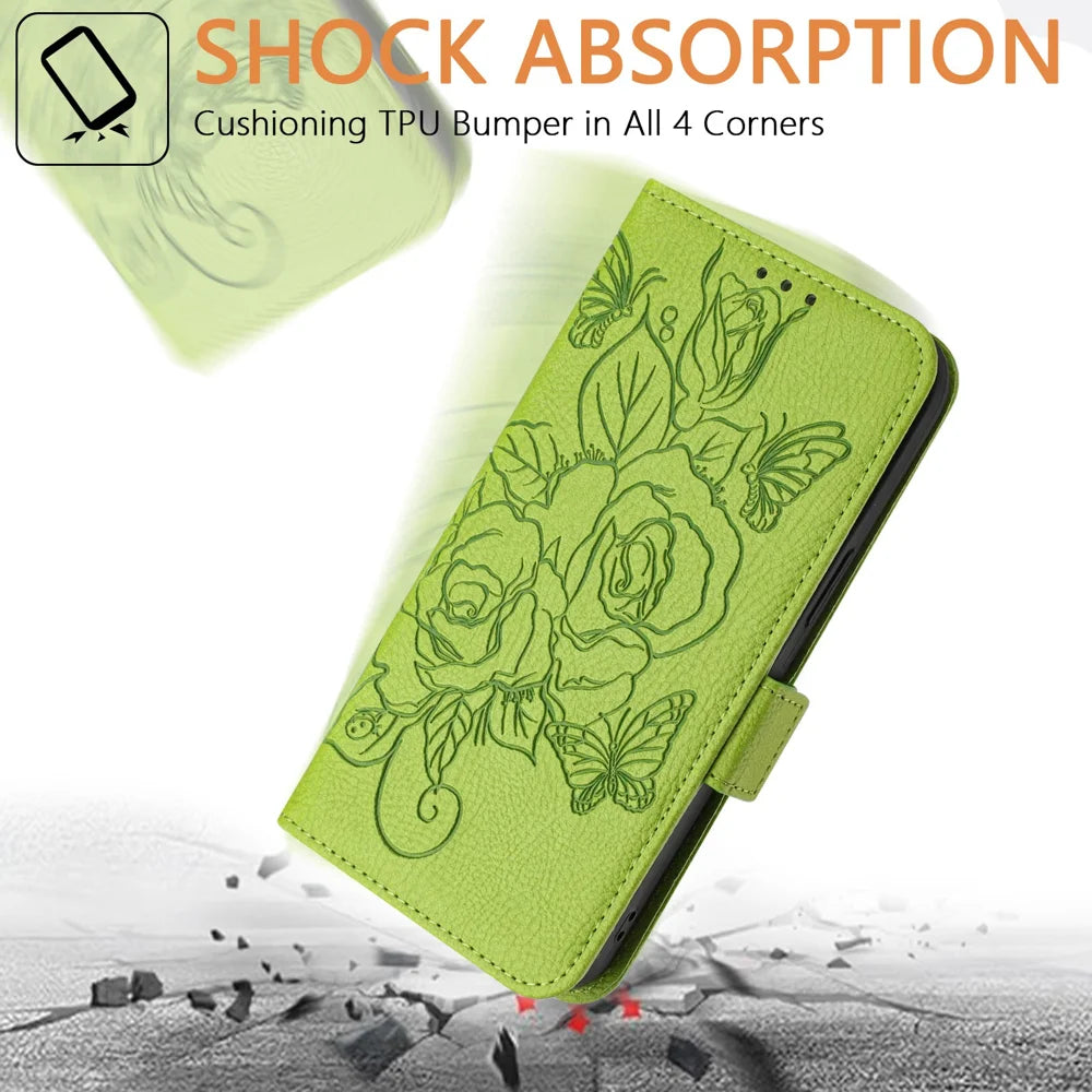 For Samsung Galaxy A06 Case Rose Imprinted RFID Blocking Leather Phone Cover with Strap