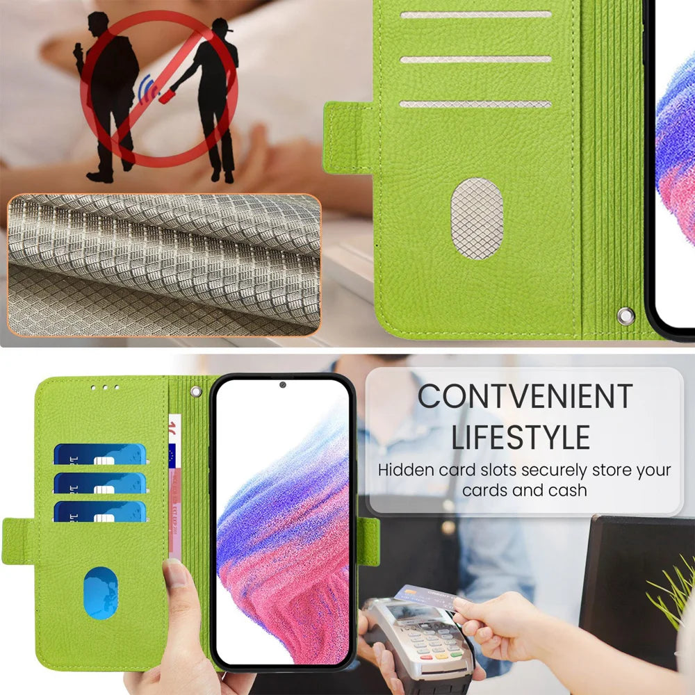 For Samsung Galaxy A06 Case Rose Imprinted RFID Blocking Leather Phone Cover with Strap