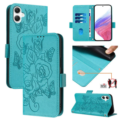 For Samsung Galaxy A06 Case Rose Imprinted RFID Blocking Leather Phone Cover with Strap