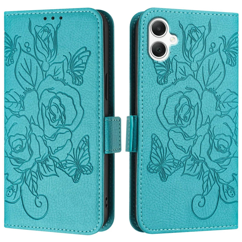 For Samsung Galaxy A06 Case Rose Imprinted RFID Blocking Leather Phone Cover with Strap