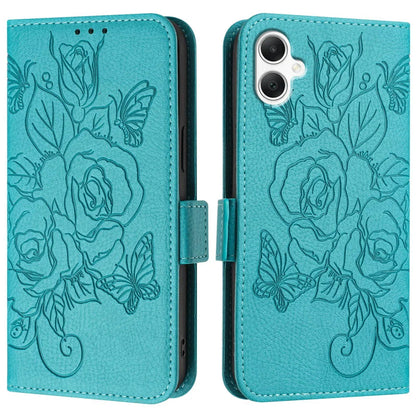 For Samsung Galaxy A06 Case Rose Imprinted RFID Blocking Leather Phone Cover with Strap
