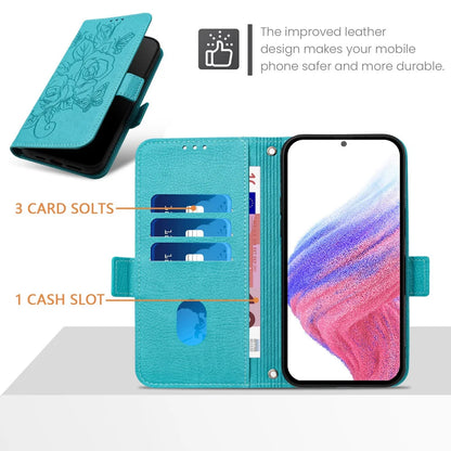 For Samsung Galaxy A06 Case Rose Imprinted RFID Blocking Leather Phone Cover with Strap