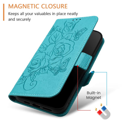For Samsung Galaxy A06 Case Rose Imprinted RFID Blocking Leather Phone Cover with Strap